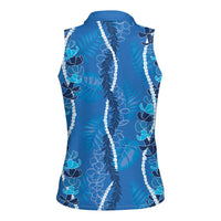 Hawaii Maile Lei Women Sleeveless Polo Shirt With Blue Monstera Pattern