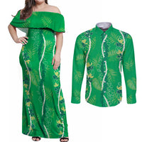 Hawaii Maile Lei Couples Matching Off Shoulder Maxi Dress and Long Sleeve Button Shirt With Green Monstera Pattern LT05 Green - Polynesian Pride
