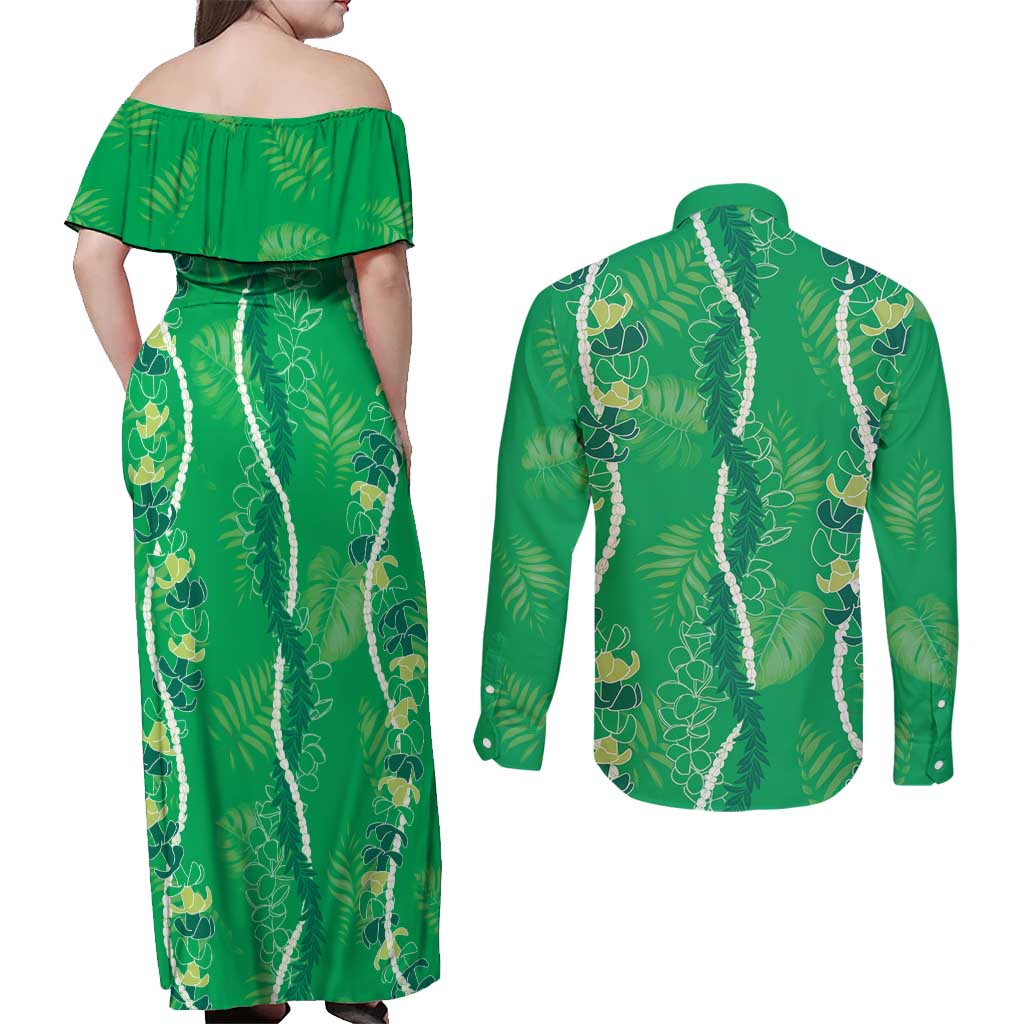Hawaii Maile Lei Couples Matching Off Shoulder Maxi Dress and Long Sleeve Button Shirt With Green Monstera Pattern LT05 - Polynesian Pride