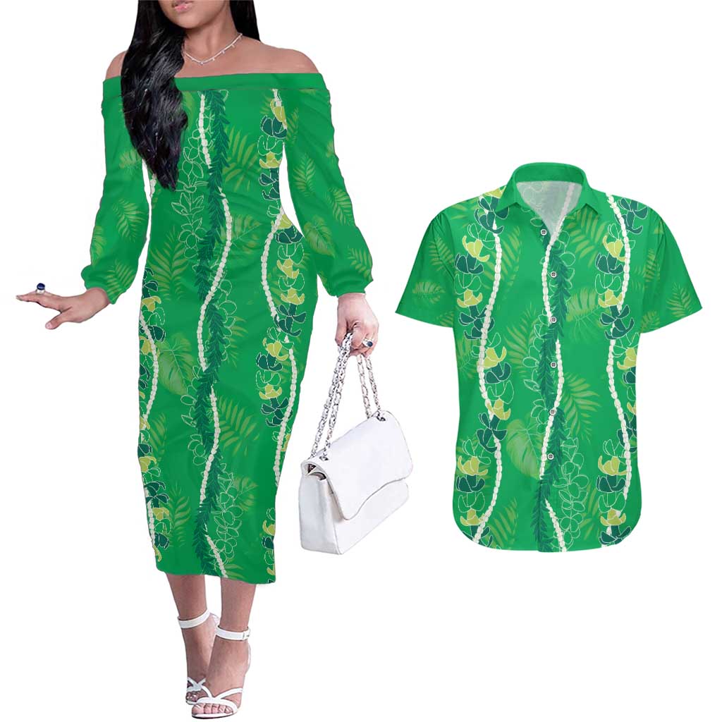 Hawaii Maile Lei Couples Matching Off The Shoulder Long Sleeve Dress and Hawaiian Shirt With Green Monstera Pattern