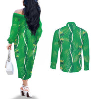 Hawaii Maile Lei Couples Matching Off The Shoulder Long Sleeve Dress and Long Sleeve Button Shirt With Green Monstera Pattern LT05 - Polynesian Pride