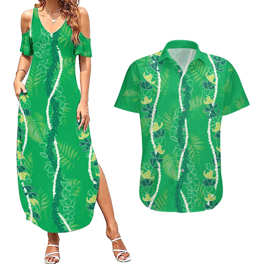 Hawaii Maile Lei Couples Matching Summer Maxi Dress and Hawaiian Shirt With Green Monstera Pattern