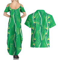 Hawaii Maile Lei Couples Matching Summer Maxi Dress and Hawaiian Shirt With Green Monstera Pattern