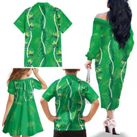 Hawaii Maile Lei Family Matching Off The Shoulder Long Sleeve Dress and Hawaiian Shirt With Green Monstera Pattern