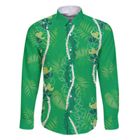 Hawaii Maile Lei Family Matching Off The Shoulder Long Sleeve Dress and Hawaiian Shirt With Green Monstera Pattern