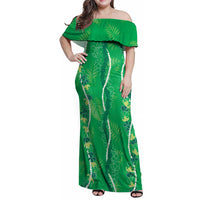 Hawaii Maile Lei Family Matching Off Shoulder Maxi Dress and Hawaiian Shirt With Green Monstera Pattern