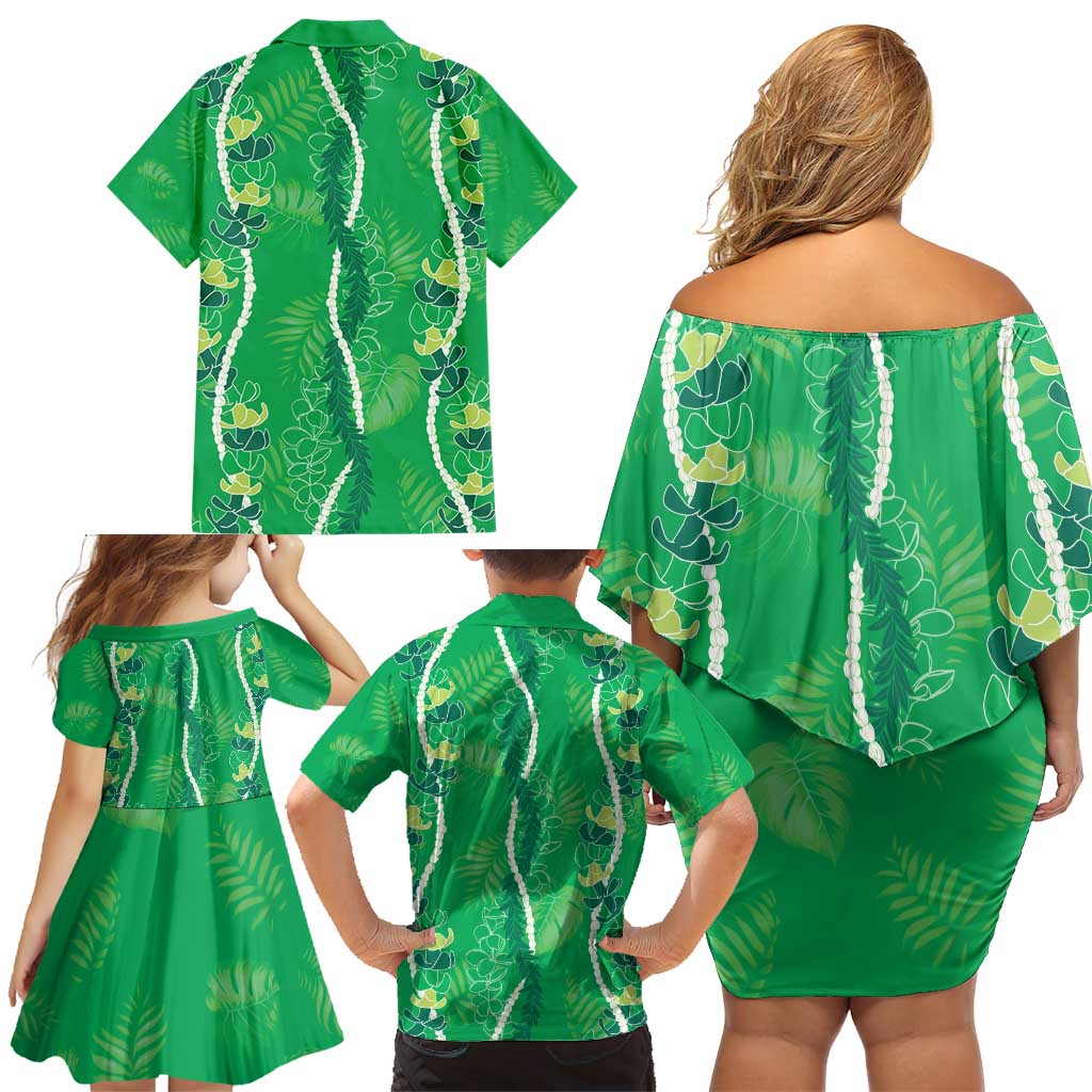Hawaii Maile Lei Family Matching Off Shoulder Short Dress and Hawaiian Shirt With Green Monstera Pattern LT05 - Polynesian Pride