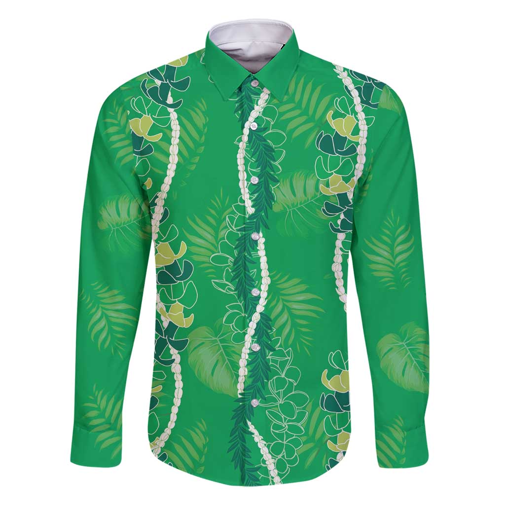 Hawaii Maile Lei Family Matching Off Shoulder Short Dress and Hawaiian Shirt With Green Monstera Pattern LT05 Dad's Shirt - Long Sleeve Green - Polynesian Pride