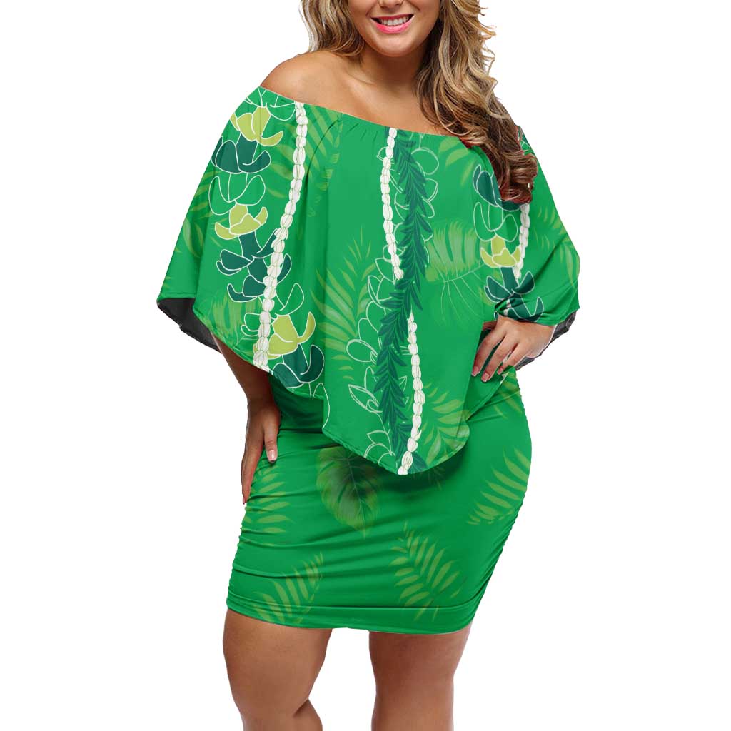 Hawaii Maile Lei Family Matching Off Shoulder Short Dress and Hawaiian Shirt With Green Monstera Pattern LT05 Mom's Dress Green - Polynesian Pride