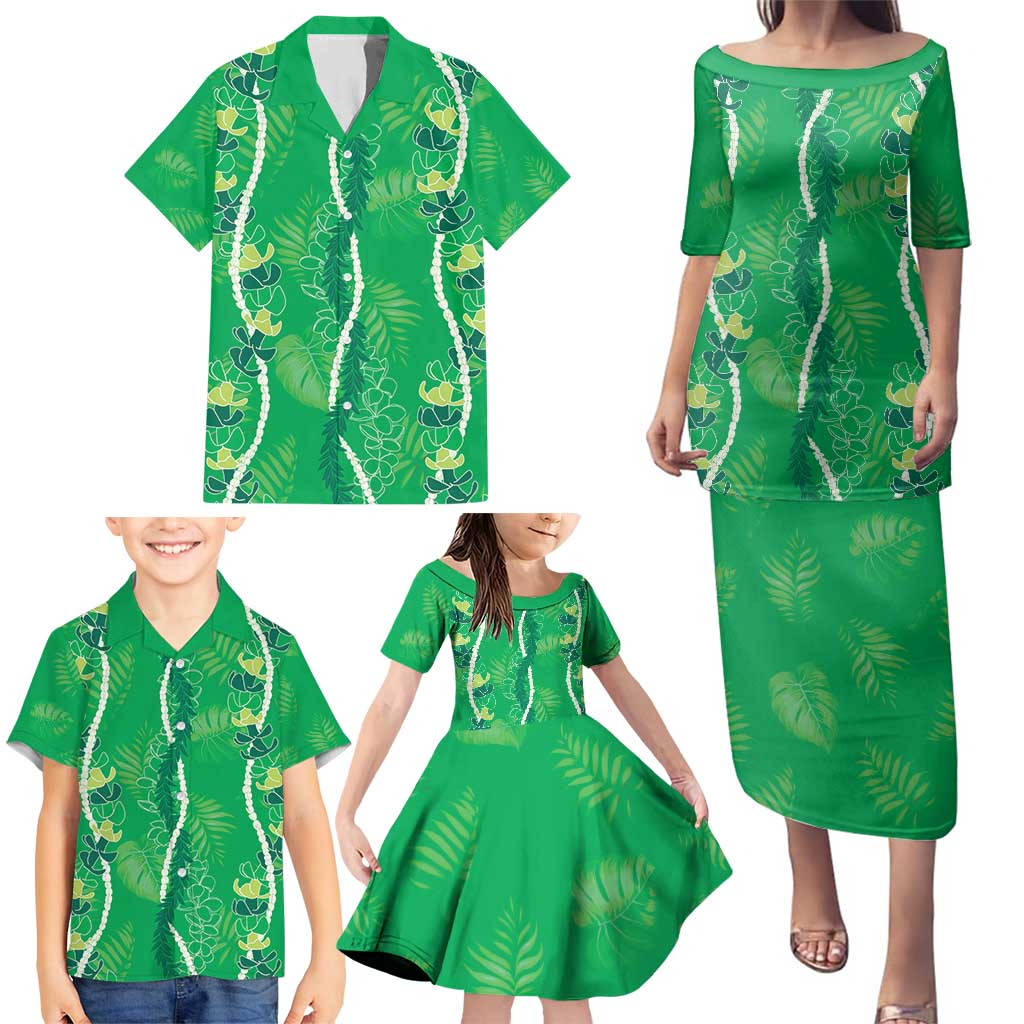 Hawaii Maile Lei Family Matching Puletasi and Hawaiian Shirt With Green Monstera Pattern