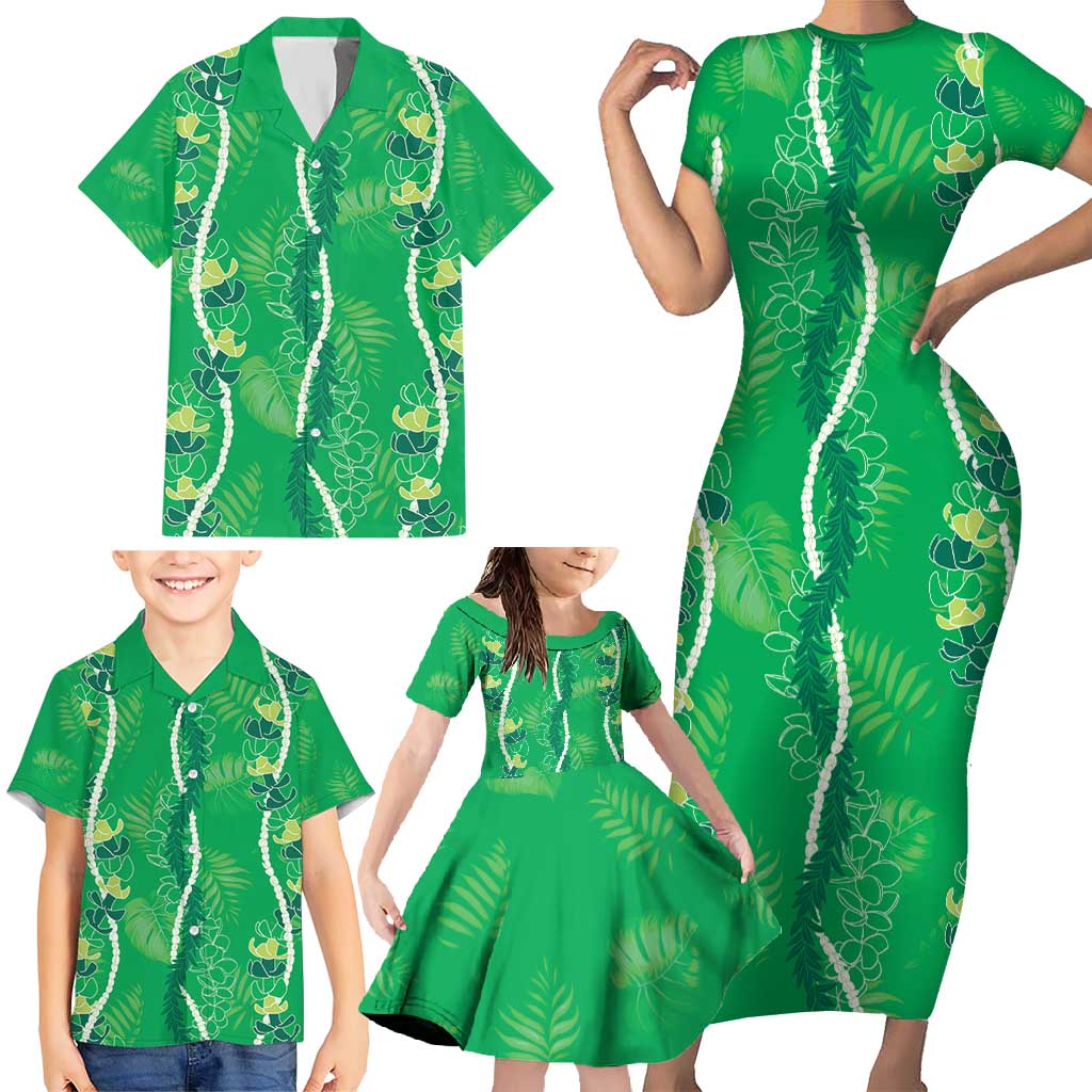 Hawaii Maile Lei Family Matching Short Sleeve Bodycon Dress and Hawaiian Shirt With Green Monstera Pattern LT05 - Polynesian Pride