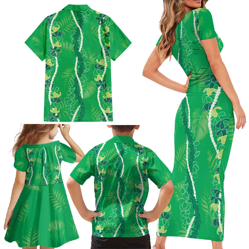 Hawaii Maile Lei Family Matching Short Sleeve Bodycon Dress and Hawaiian Shirt With Green Monstera Pattern LT05 - Polynesian Pride