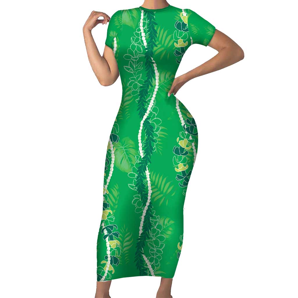Hawaii Maile Lei Family Matching Short Sleeve Bodycon Dress and Hawaiian Shirt With Green Monstera Pattern LT05 Mom's Dress Green - Polynesian Pride