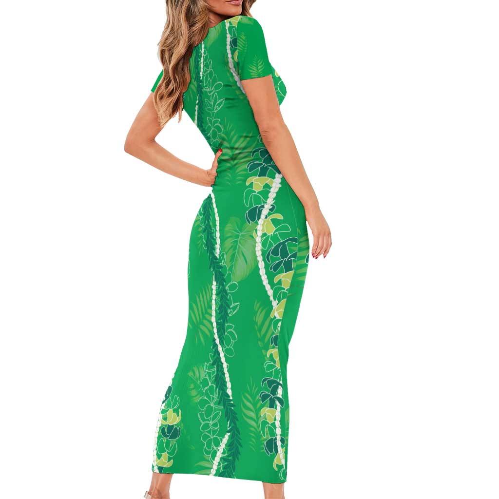 Hawaii Maile Lei Family Matching Short Sleeve Bodycon Dress and Hawaiian Shirt With Green Monstera Pattern LT05 - Polynesian Pride