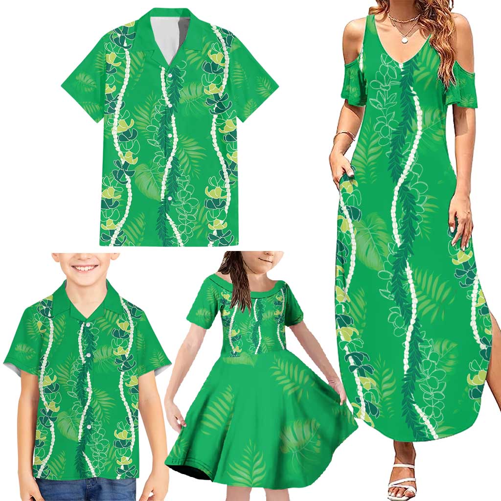 Hawaii Maile Lei Family Matching Summer Maxi Dress and Hawaiian Shirt With Green Monstera Pattern