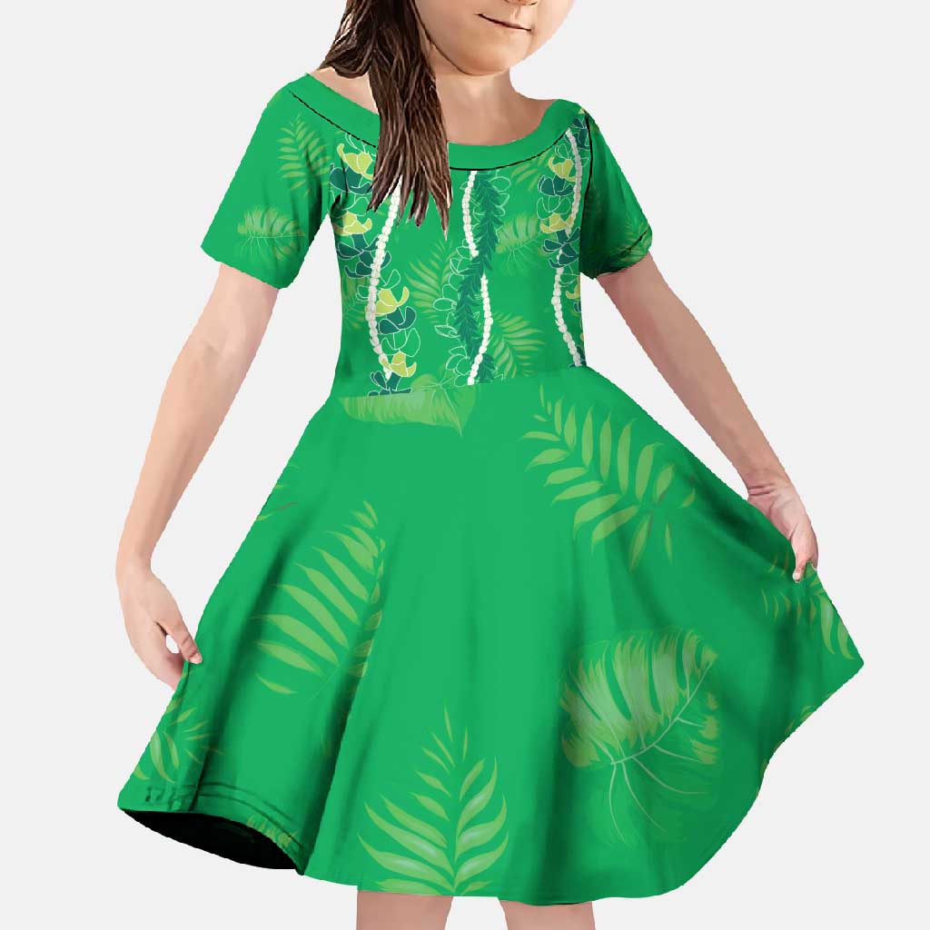 Hawaii Maile Lei Family Matching Tank Maxi Dress and Hawaiian Shirt With Green Monstera Pattern LT05 Daughter's Dress Green - Polynesian Pride