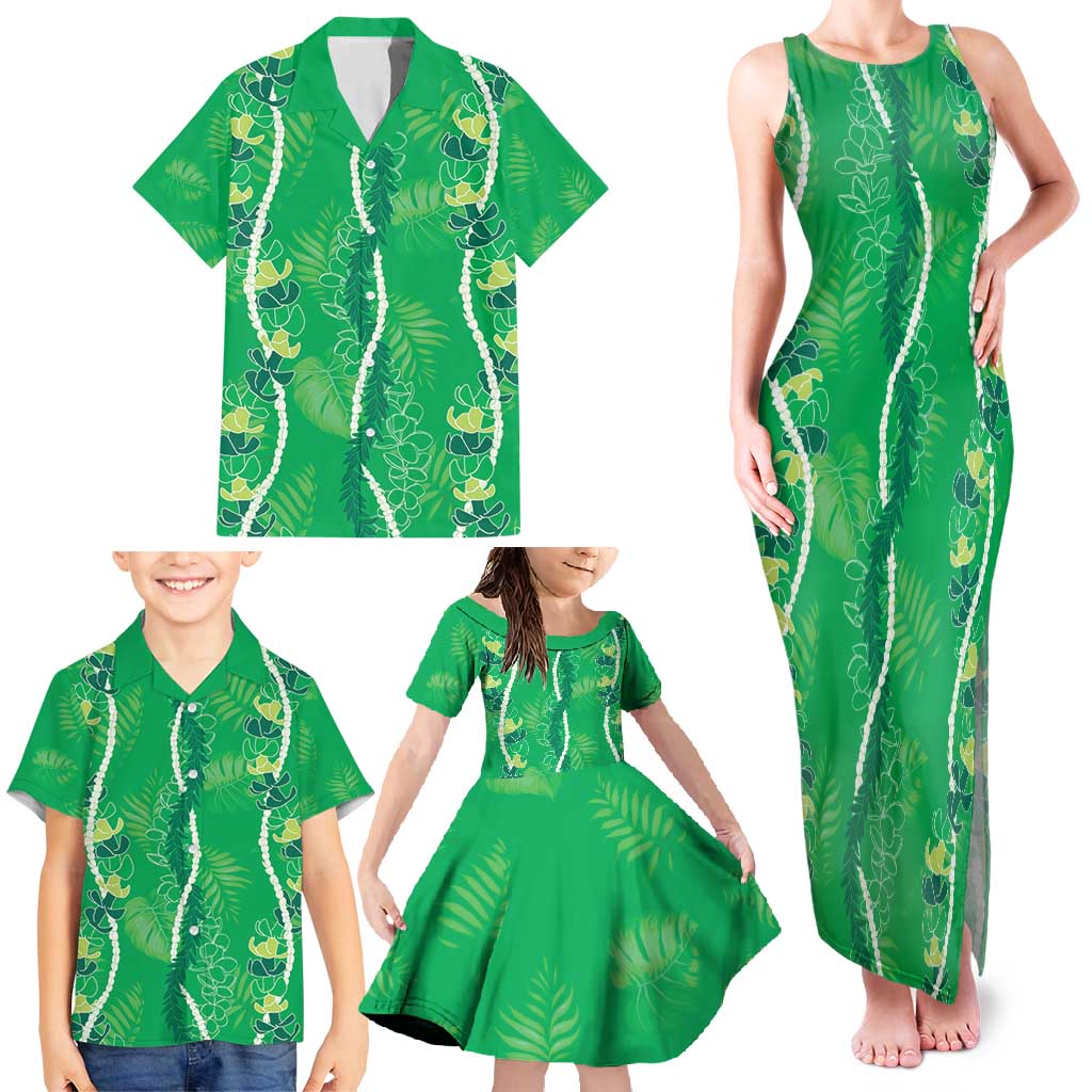 Hawaii Maile Lei Family Matching Tank Maxi Dress and Hawaiian Shirt With Green Monstera Pattern LT05 - Polynesian Pride