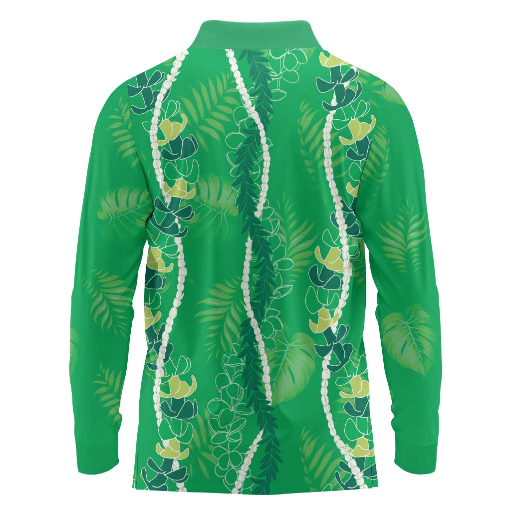 Hawaii Maile Lei Long Sleeve Polo Shirt With Green Monstera Pattern