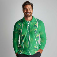 Hawaii Maile Lei Long Sleeve Polo Shirt With Green Monstera Pattern