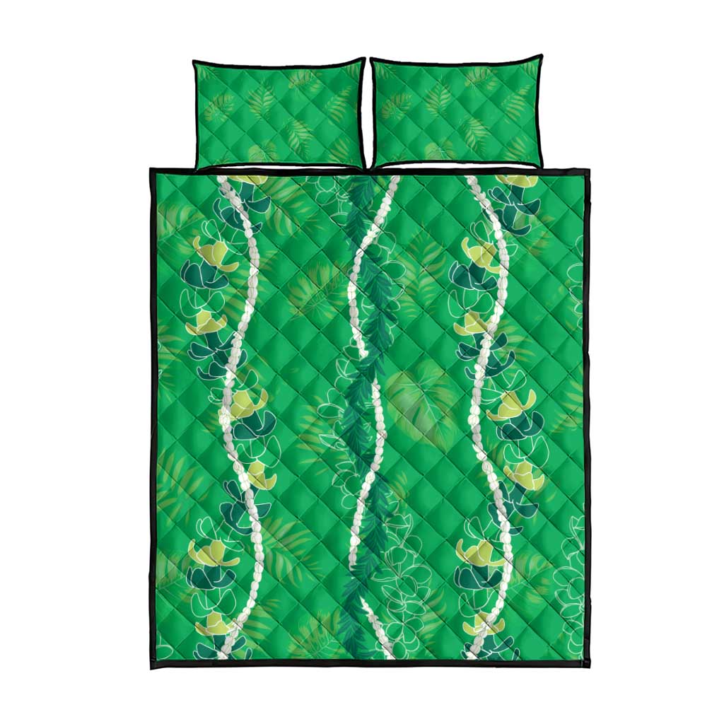 Hawaii Maile Lei Quilt Bed Set With Green Monstera Pattern