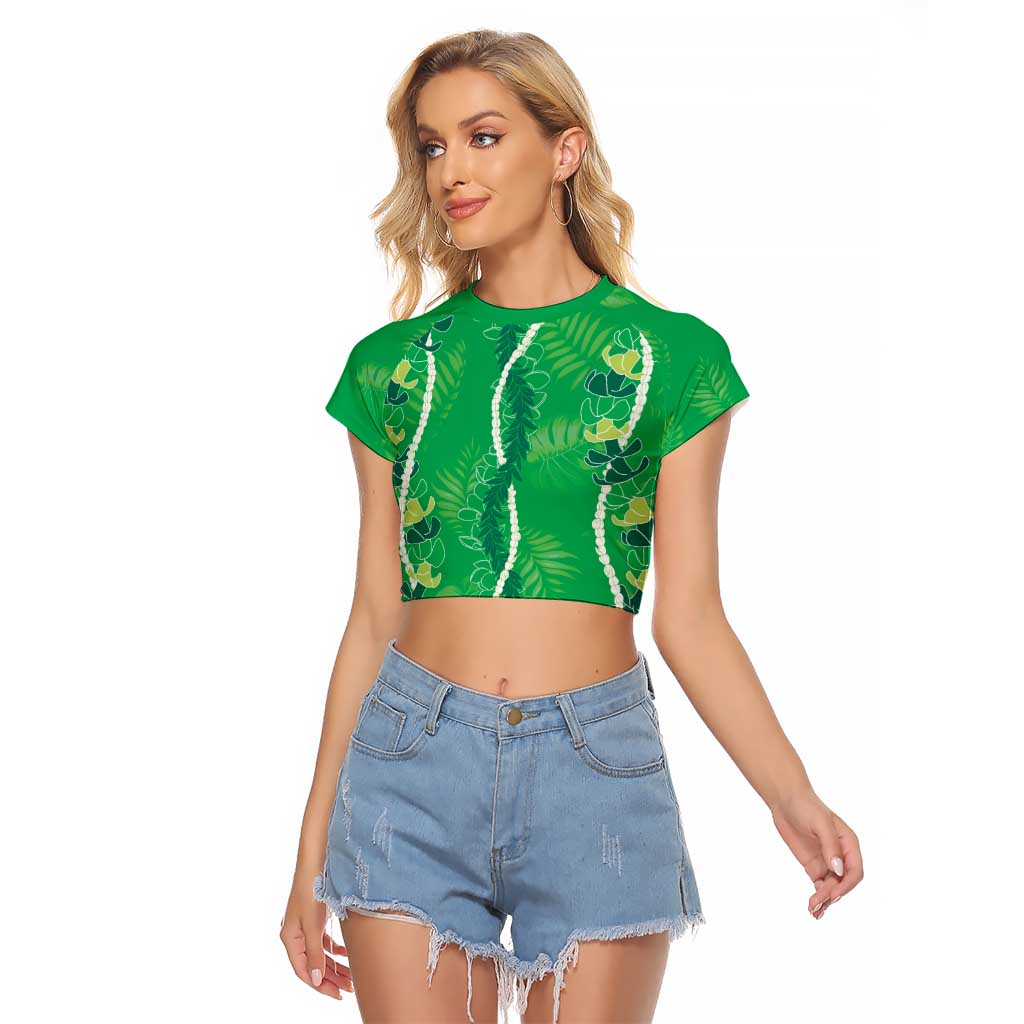 Hawaii Maile Lei Raglan Cropped T Shirt With Green Monstera Pattern LT05 Female Green - Polynesian Pride