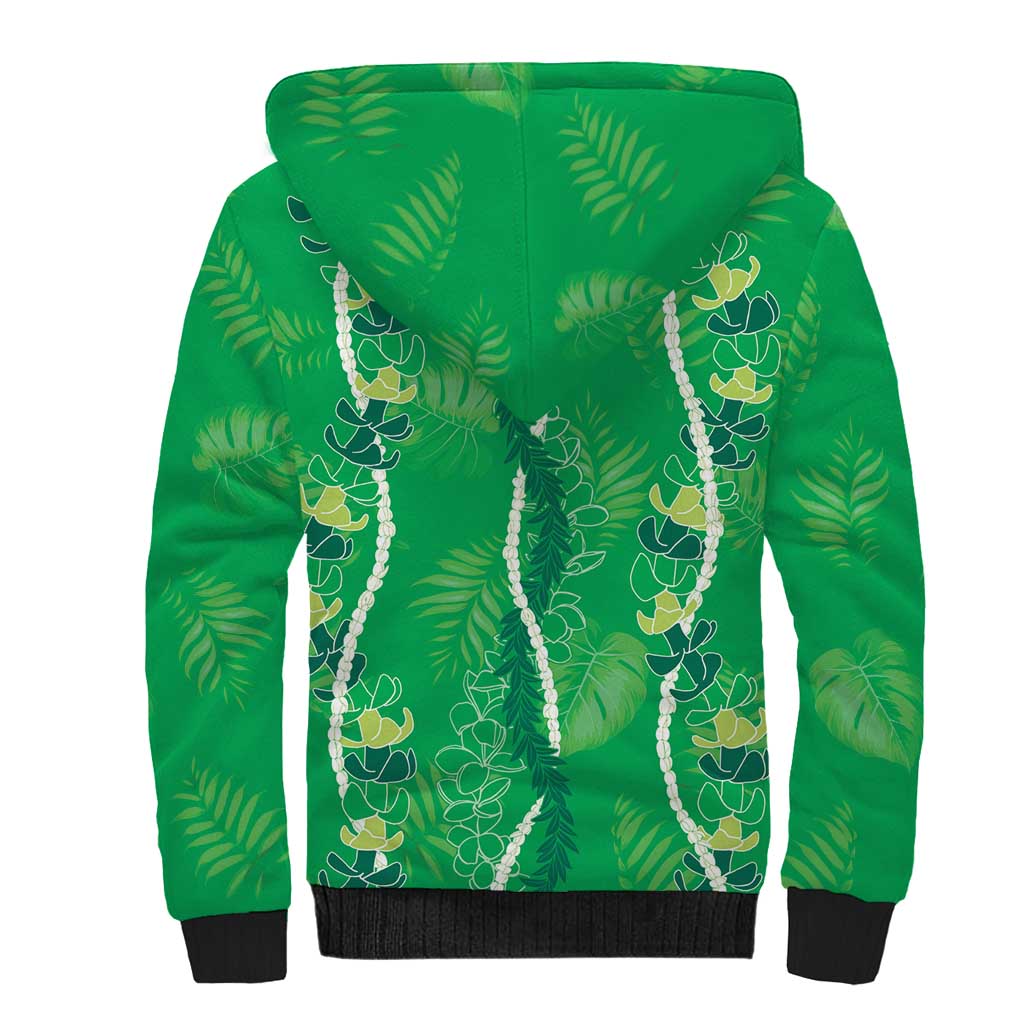 Hawaii Maile Lei Sherpa Hoodie With Green Monstera Pattern