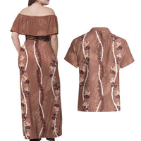 Hawaii Maile Lei Couples Matching Off Shoulder Maxi Dress and Hawaiian Shirt With Brown Monstera Pattern