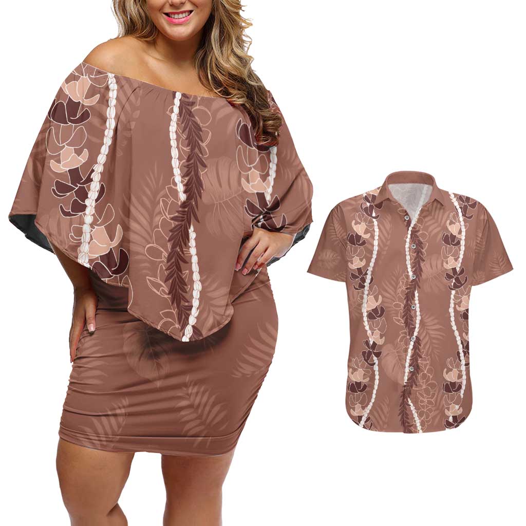 Hawaii Maile Lei Couples Matching Off Shoulder Short Dress and Hawaiian Shirt With Brown Monstera Pattern