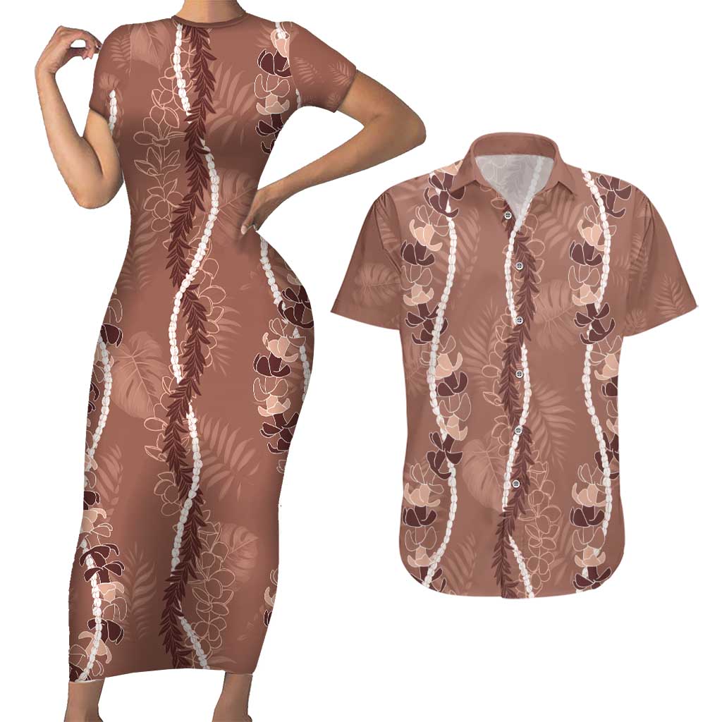 Hawaii Maile Lei Couples Matching Short Sleeve Bodycon Dress and Hawaiian Shirt With Brown Monstera Pattern