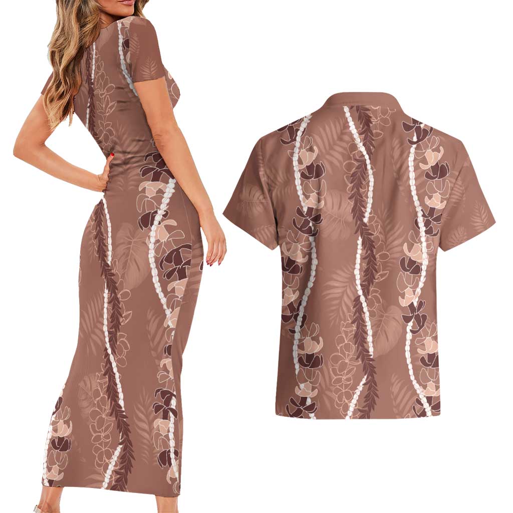 Hawaii Maile Lei Couples Matching Short Sleeve Bodycon Dress and Hawaiian Shirt With Brown Monstera Pattern