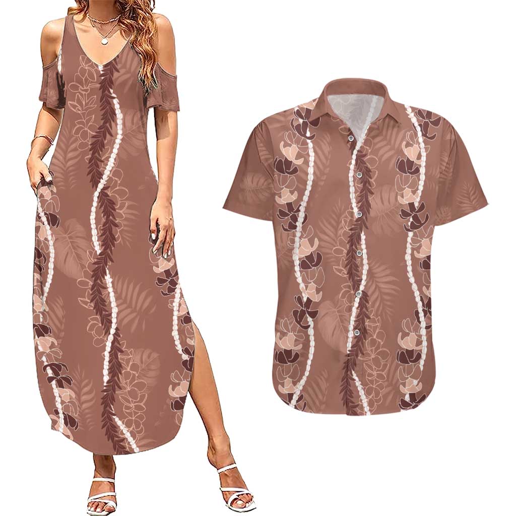 Hawaii Maile Lei Couples Matching Summer Maxi Dress and Hawaiian Shirt With Brown Monstera Pattern