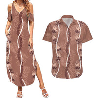 Hawaii Maile Lei Couples Matching Summer Maxi Dress and Hawaiian Shirt With Brown Monstera Pattern