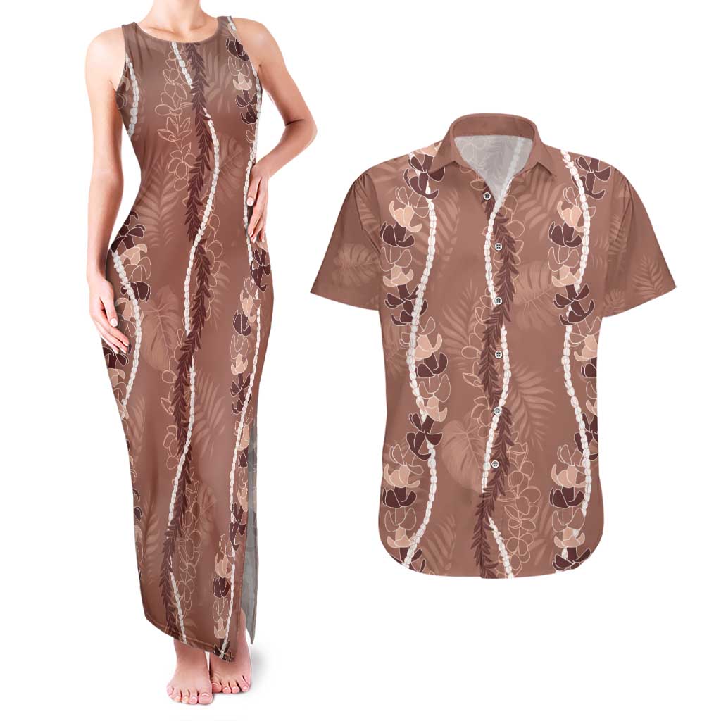 Hawaii Maile Lei Couples Matching Tank Maxi Dress and Hawaiian Shirt With Brown Monstera Pattern