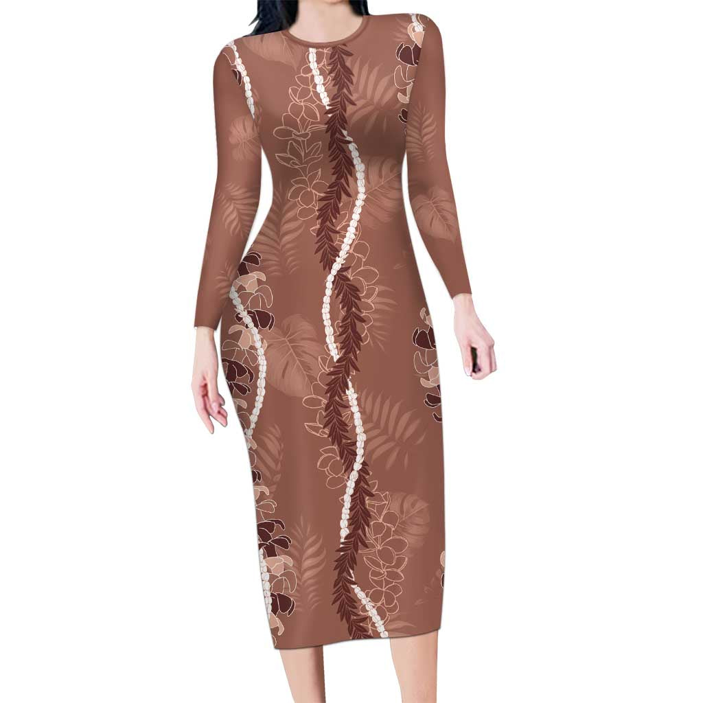 Hawaii Maile Lei Family Matching Long Sleeve Bodycon Dress and Hawaiian Shirt With Brown Monstera Pattern