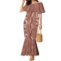 Hawaii Maile Lei Family Matching Mermaid Dress and Hawaiian Shirt With Brown Monstera Pattern LT05 Mom's Dress Brown - Polynesian Pride