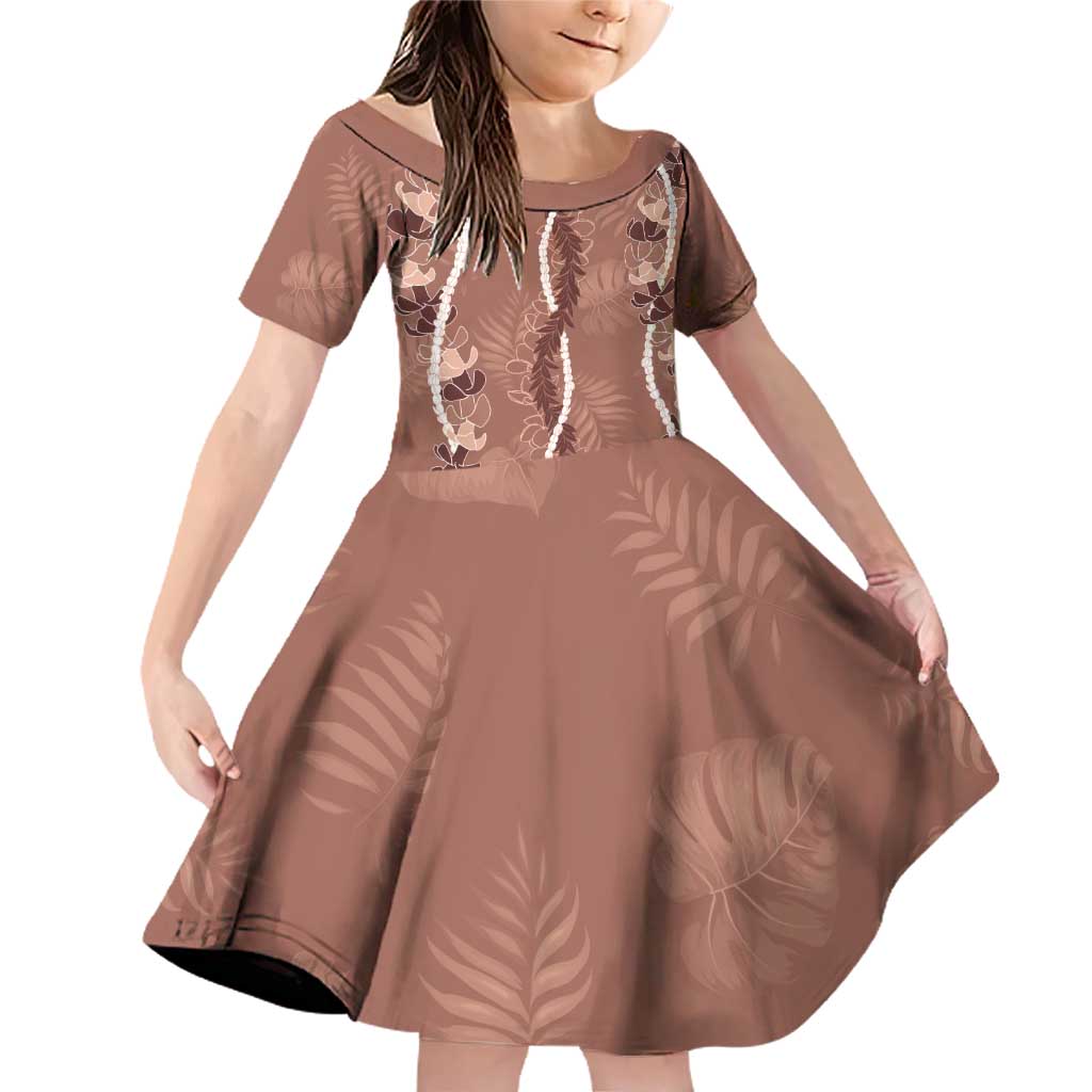Hawaii Maile Lei Family Matching Off Shoulder Short Dress and Hawaiian Shirt With Brown Monstera Pattern LT05 Daughter's Dress Brown - Polynesian Pride