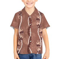 Hawaii Maile Lei Family Matching Off Shoulder Short Dress and Hawaiian Shirt With Brown Monstera Pattern LT05 Son's Shirt Brown - Polynesian Pride