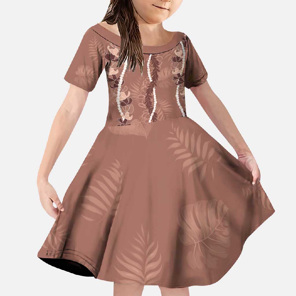Hawaii Maile Lei Family Matching Short Sleeve Bodycon Dress and Hawaiian Shirt With Brown Monstera Pattern LT05 Daughter's Dress Brown - Polynesian Pride