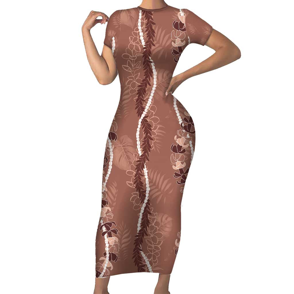 Hawaii Maile Lei Family Matching Short Sleeve Bodycon Dress and Hawaiian Shirt With Brown Monstera Pattern LT05 Mom's Dress Brown - Polynesian Pride