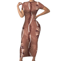 Hawaii Maile Lei Family Matching Short Sleeve Bodycon Dress and Hawaiian Shirt With Brown Monstera Pattern LT05 Mom's Dress Brown - Polynesian Pride