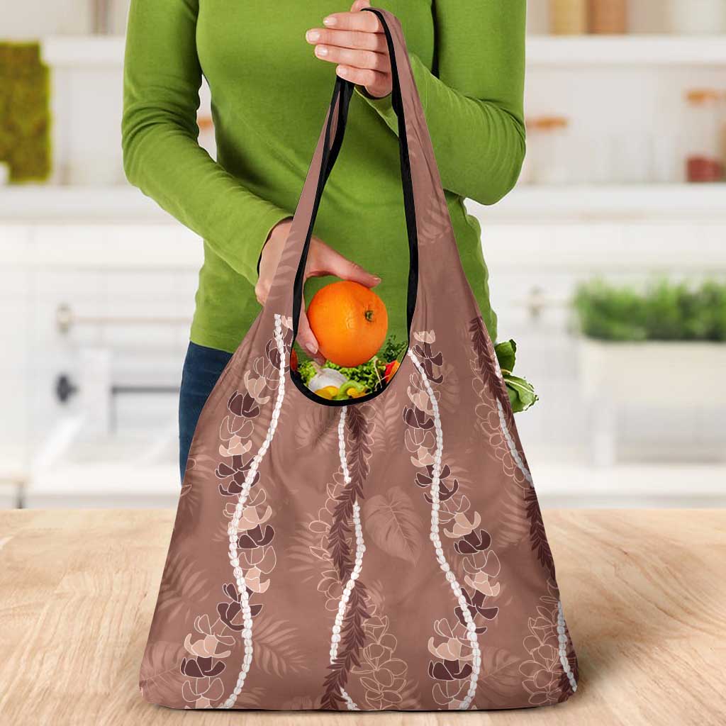 Hawaii Maile Lei Grocery Bag With Brown Monstera Pattern