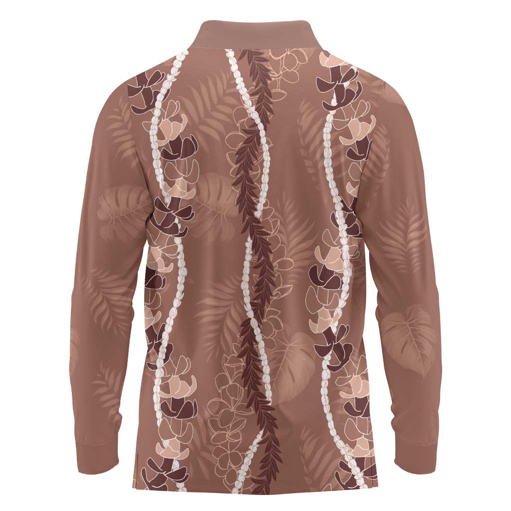 Hawaii Maile Lei Long Sleeve Polo Shirt With Brown Monstera Pattern