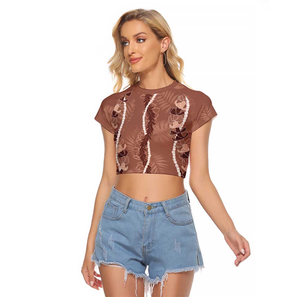 Hawaii Maile Lei Raglan Cropped T Shirt With Brown Monstera Pattern LT05 Female Brown - Polynesian Pride