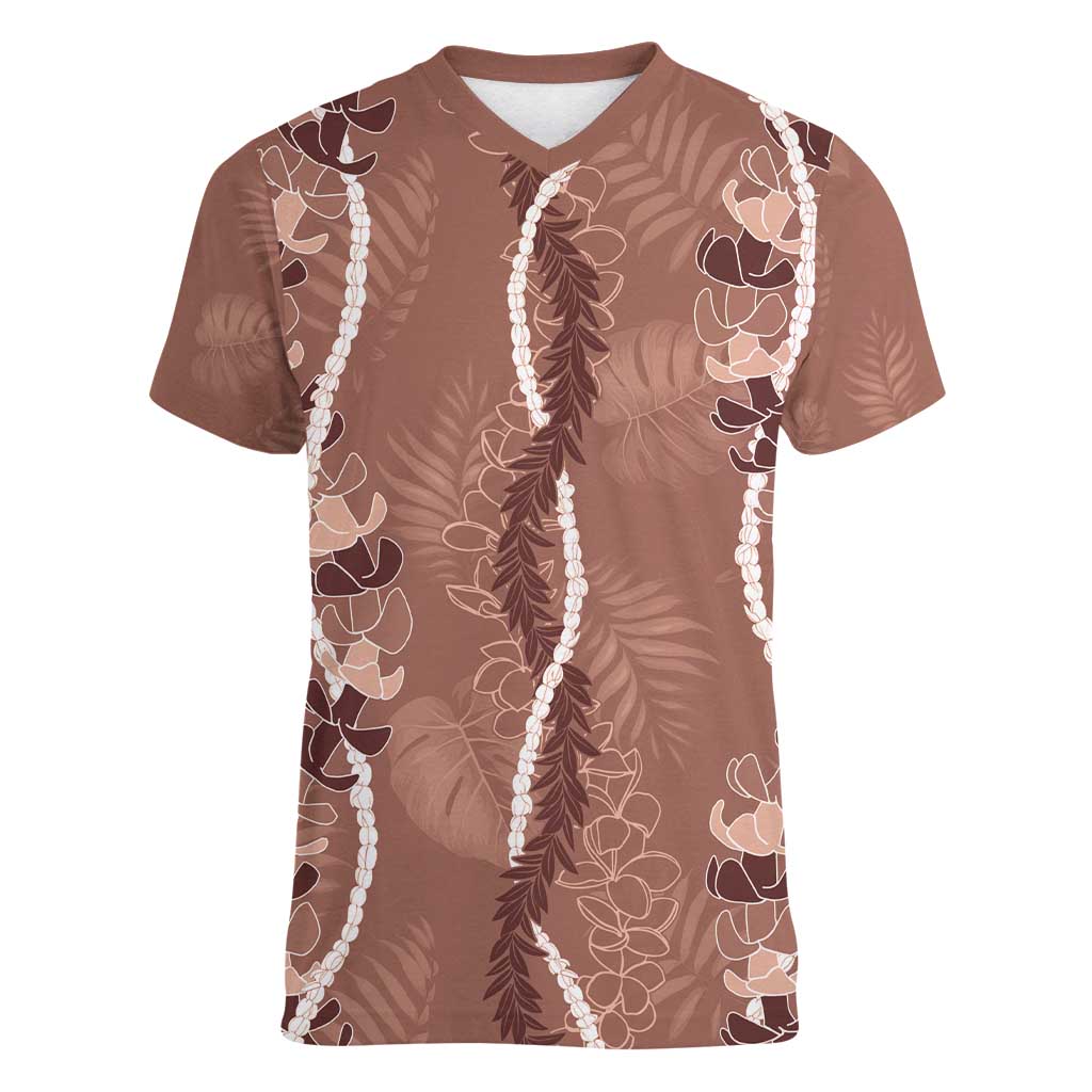 Hawaii Maile Lei Women V-Neck T-Shirt With Brown Monstera Pattern LT05 Female Brown - Polynesian Pride