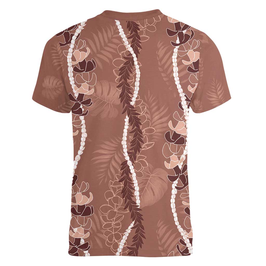 Hawaii Maile Lei Women V-Neck T-Shirt With Brown Monstera Pattern LT05 - Polynesian Pride