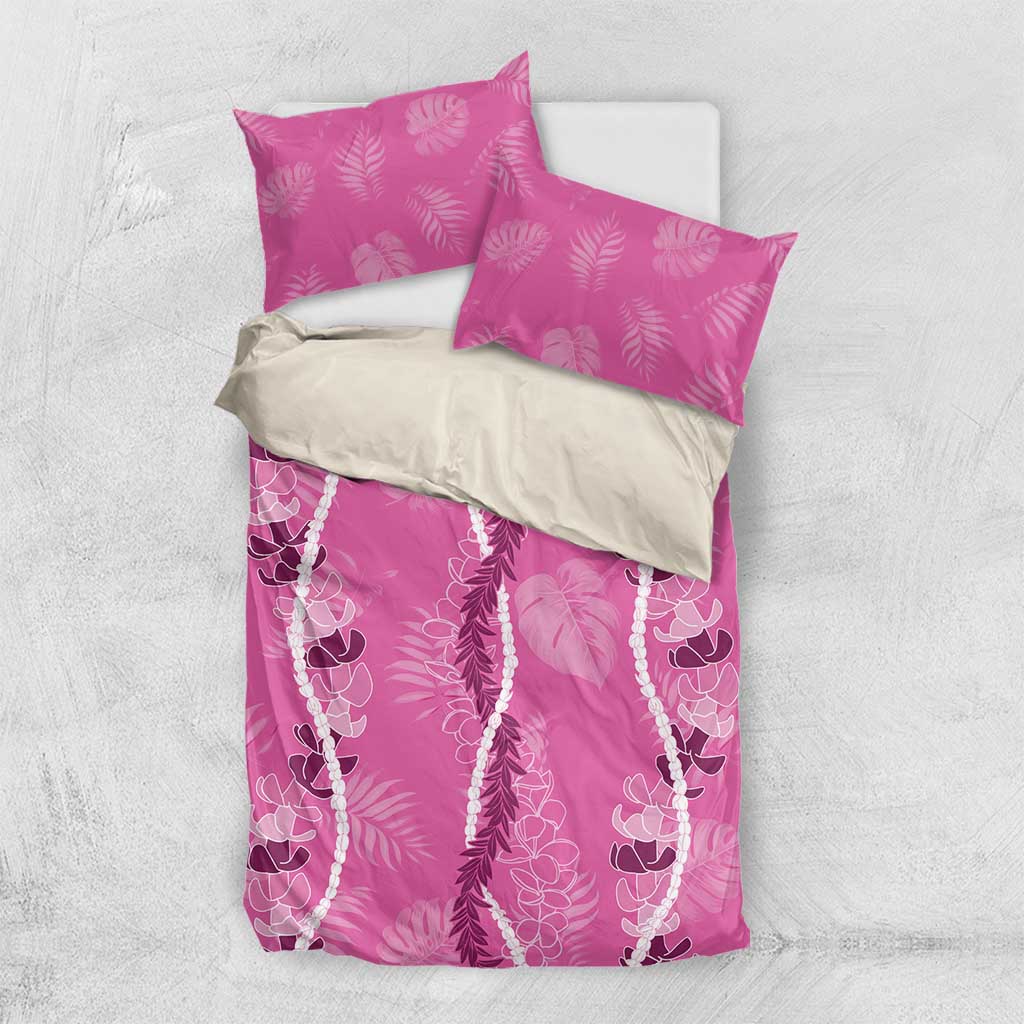 Hawaii Maile Lei Bedding Set With Pink Monstera Pattern