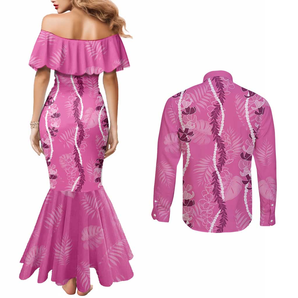 Hawaii Maile Lei Couples Matching Mermaid Dress and Long Sleeve Button Shirt With Pink Monstera Pattern LT05 - Polynesian Pride