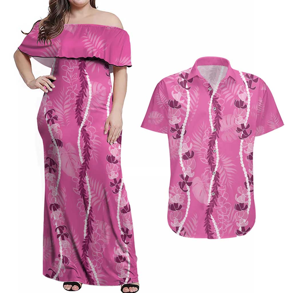 Hawaii Maile Lei Couples Matching Off Shoulder Maxi Dress and Hawaiian Shirt With Pink Monstera Pattern