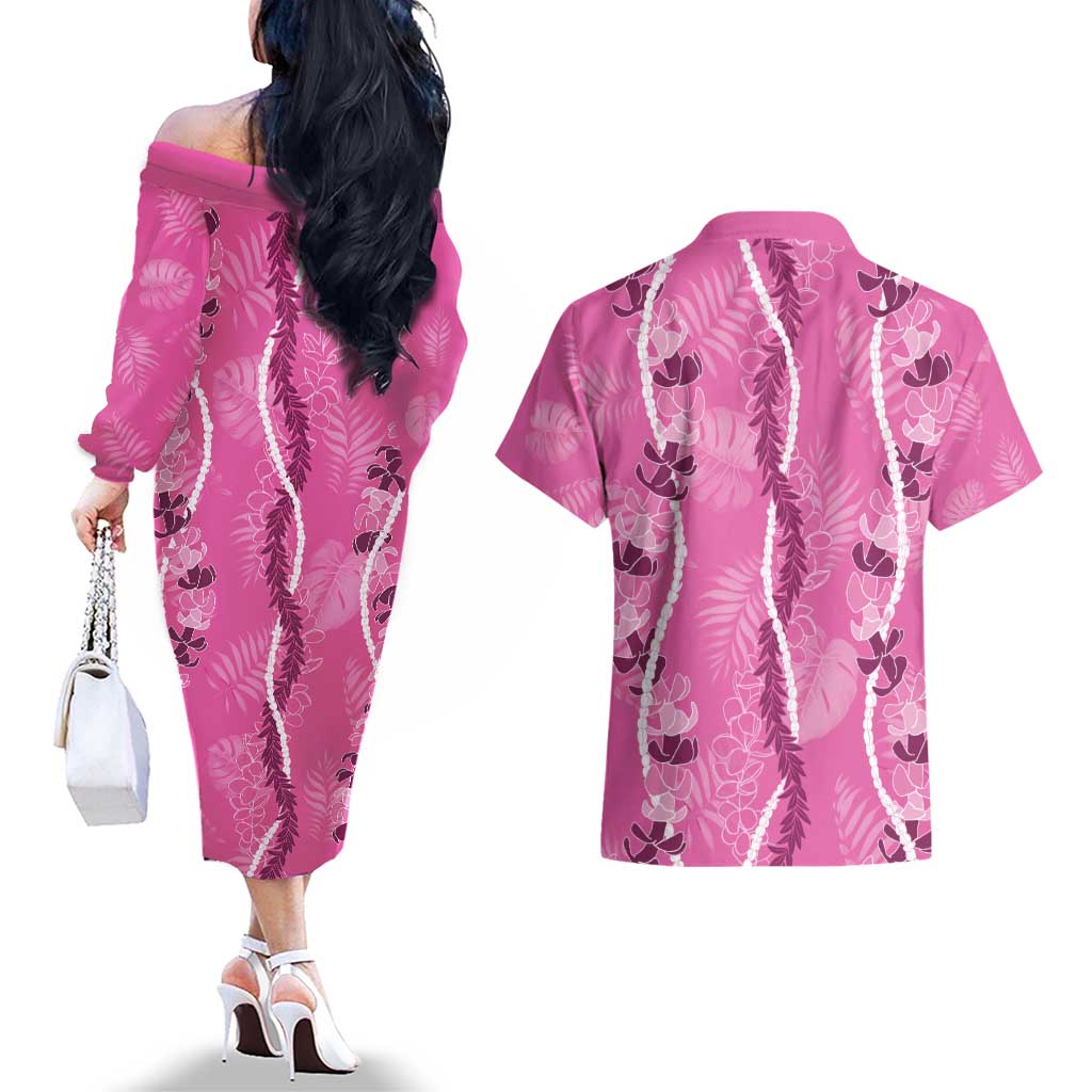 Hawaii Maile Lei Couples Matching Off The Shoulder Long Sleeve Dress and Hawaiian Shirt With Pink Monstera Pattern