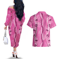 Hawaii Maile Lei Couples Matching Off The Shoulder Long Sleeve Dress and Hawaiian Shirt With Pink Monstera Pattern